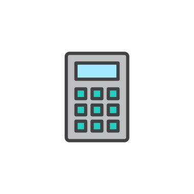 Hesap makinesi doldurulmuş anahat simgesini, çizgi vektör işareti, üzerinde beyaz izole doğrusal renkli sembol. Sembol, logo illüstrasyon. Piksel mükemmel vektör grafikleri