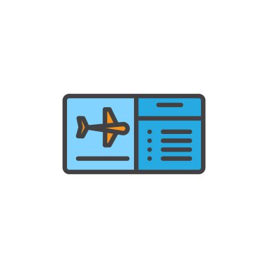 Uçak bileti doldurulmuş anahat simgesini, çizgi vektör işareti, üzerinde beyaz izole doğrusal renkli sembol. Uçuş bilet sembol, logo illüstrasyon. Piksel mükemmel vektör grafikleri