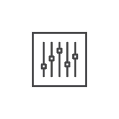 Ses karıştırıcı konsol satırı simgesi, vektör işareti, anahat üzerinde beyaz izole doğrusal stil piktogram. Müzik çalar ekolayzır ayarı sembolü, logo illüstrasyon. Düzenlenebilir kontur