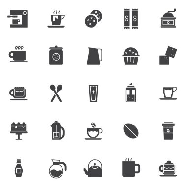 Kahve dükkanı öğeleri vektör simgeler kümesi, modern katı simgesi toplama, dolgulu tarz piktogram paketi. İşaretler, logo illüstrasyon. Tatlı kurabiye, kahve makinesi ve kahve fincanı simge kümesi içerir
