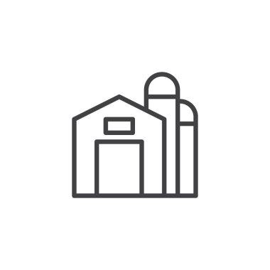 Tahıl ambarı satırı simgesi, anahat vektör işareti üzerinde beyaz izole doğrusal stil piktogram. Depo sembolü, logo illüstrasyon. Düzenlenebilir kontur