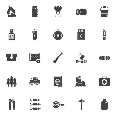 Kamp vektör simgeler kümesi, modern katı sembolü koleksiyonu, hiking tarz piktogram paketi dolu. İşaretler, logo illüstrasyon. Kamp ateşi, Mangal, ahşap seyir defteri, pusula, maçlar simgeler içerir