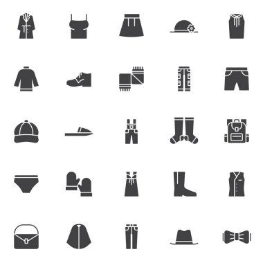 Öğeleri vektör simgeler kümesi, modern katı sembolü koleksiyonu, giyim tarz piktogram paketi dolu. İşaretler, logo illüstrasyon. Set içerir simgeleri kadın gömlek, şapka pamela, bluz, kazak, eşarp, Ayakkabı
