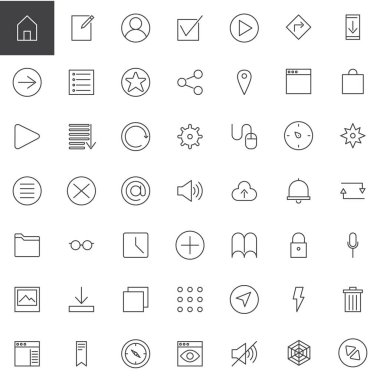 Basit Evrensel web satırı Icons set, anahat vektör simgesi toplama, doğrusal tarz piktogram paketi. Temel işaret, logo illüstrasyon. Set, ana sayfa, web tarayıcısı, kullanıcı profili, simgeler içerir