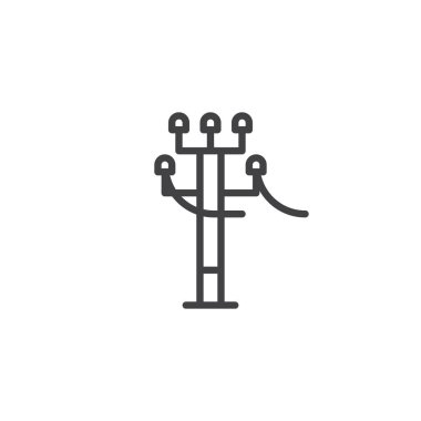 Kule elektrik kaynağı satırı simgesi, vektör işareti, anahat üzerinde beyaz izole doğrusal stil piktogram. Yüksek gerilim güç hatları sembolü, logo illüstrasyon. Düzenlenebilir kontur