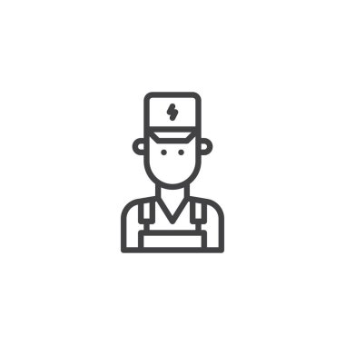 Elektrikçi satırı simgesi, anahat vektör işareti üzerinde beyaz izole doğrusal stil piktogram. Sembol, logo illüstrasyon. Düzenlenebilir kontur