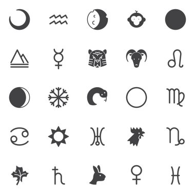 Astroloji vektör simgeler kümesi, modern katı simgesi toplama, dolgulu tarz piktogram paketi. İşaretler, logo illüstrasyon. Hilal ay, kova burcu, toprak doğa elementi simgeler içerir