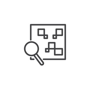 QR Kod ile Büyüteç satırı simgesi, anahat vektör işareti, üzerinde beyaz izole doğrusal stil piktogram. QR kodu sembolü, logo illüstrasyon ile arama. Düzenlenebilir kontur