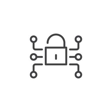 Kilit medya ağ veri koruma satırı simgesi, vektör işareti, anahat üzerinde beyaz izole doğrusal stil piktogram. Şifreleme, siber güvenlik sembolü, logo illüstrasyon. Düzenlenebilir kontur