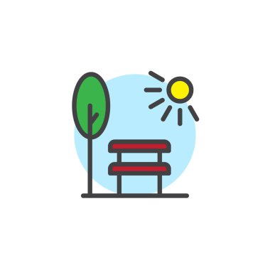 Tezgah ağaç ve güneş ile Park manzara dolu anahat simgesini, çizgi vektör işareti, üzerinde beyaz izole doğrusal renkli sembol. Sembol, logo illüstrasyon. Piksel mükemmel vektör grafikleri