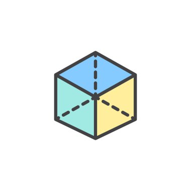 3D küp projeksiyon ile doldurulmuş anahat simgesini, çizgi vektör işareti, üzerinde beyaz izole doğrusal renkli sembol. Geometri sembolü, logo illüstrasyon. Piksel mükemmel vektör grafikleri