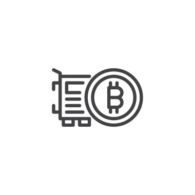 Anahat simgesini Bitcoin ve video grafik kartı. Mobil kavramı ve web tasarım için doğrusal stili işaret. Cryptocurrency madencilik donanım basit çizgi vektör simgesi. Sembol, logo illüstrasyon. Vektör grafikleri