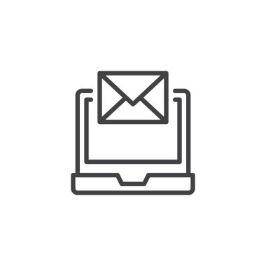 Laptop bir mektup zarfı satırı simgesi ile anahat vektör işareti, üzerinde beyaz izole doğrusal stil piktogram. Sembol, logo illüstrasyon. Düzenlenebilir kontur