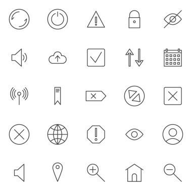 Anahat Icons set arabirimi. Doğrusal stil semboller koleksiyonu, hat paketi imzalar. vektör grafikleri. Yenileme, güç anahtarı, ünlem işareti, gizli kullanıcı arabirimi, artış birim olarak simgeler içerir