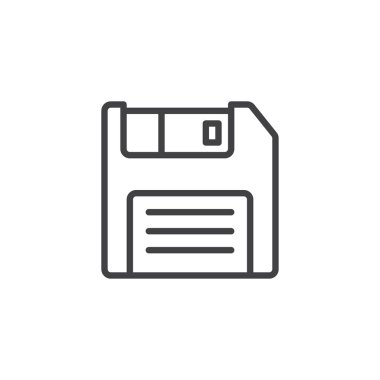 Floppy disk satırı simgesi, anahat vektör işareti üzerinde beyaz izole doğrusal stil piktogram. Disket, sembol, logo illüstrasyon Kaydet. Düzenlenebilir kontur