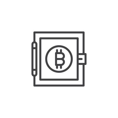 Bitcoin güçlü bir kutu anahat simgesi. Mobil kavramı ve web tasarım için doğrusal stili işaret. Sanal cryptocurrency para güvenli basit çizgi vektör simgesi. Sembol, logo illüstrasyon. Vektör grafikleri