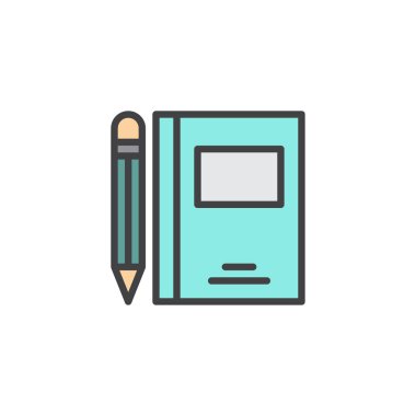 Defter ve kalem anahat simgesini, çizgi vektör işareti, üzerinde beyaz izole doğrusal renkli sembol dolu. Yazma sembolü, logo illüstrasyon. Piksel mükemmel vektör grafikleri