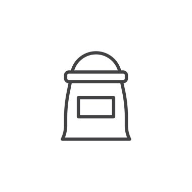 Tahıl çanta satırı simgesi, vektör işareti, anahat üzerinde beyaz izole doğrusal stil piktogram. Çiftlik çuval sembolü, logo illüstrasyon. Düzenlenebilir kontur