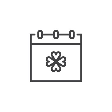 Yonca anahat simgesi ile takvim. Mobil kavramı ve web tasarım için doğrusal stili işaret. Aziz Patrick günü tarihi basit çizgi vektör simgesi. Sembol, logo illüstrasyon. 