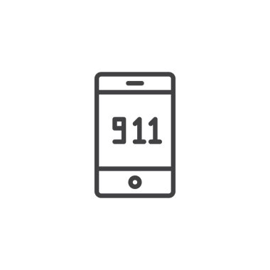 Acil arama 911'i satırı simgesi, anahat vektör işareti üzerinde beyaz izole doğrusal stil piktogram. 911'i ekran sembolü, logo illüstrasyon ile hareket eden telefon. Düzenlenebilir kontur