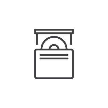 CD sürücü satırı simgesi, anahat vektör işareti üzerinde beyaz izole doğrusal stil piktogram. Optik CD sürücü simgesi, logo illüstrasyon. Düzenlenebilir kontur