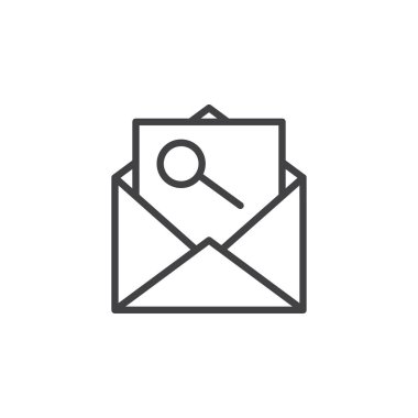 Posta arama satırı simgesi, vektör işareti, anahat üzerinde beyaz izole doğrusal stil piktogram. Zarf iletisi Büyüteç simgesiyle, logo illüstrasyon. Düzenlenebilir kontur