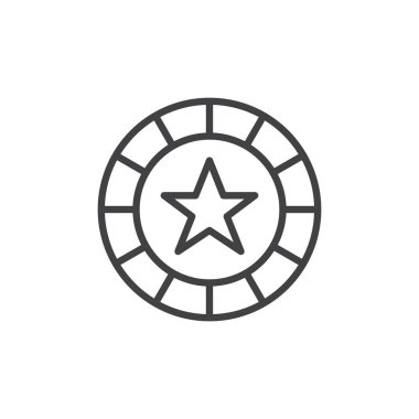 Casino çip yıldız satırı simgesi, anahat vektör işareti üzerinde beyaz izole doğrusal stil piktogram. Sembol, logo illüstrasyon. Düzenlenebilir kontur