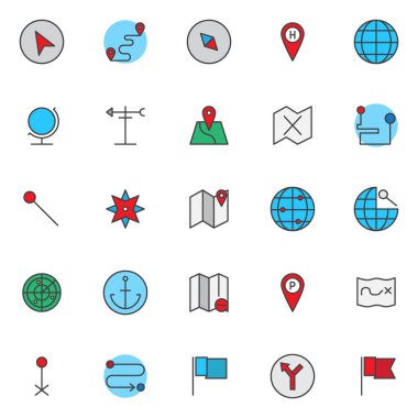Konumu doldurulmuş anahat Icons set, çizgi vektör simgesi toplama, doğrusal renkli piktogram paketi. İşaretler, logo illüstrasyon, gezinti imleç, hedef parça nokta, pusula simgeler içerir