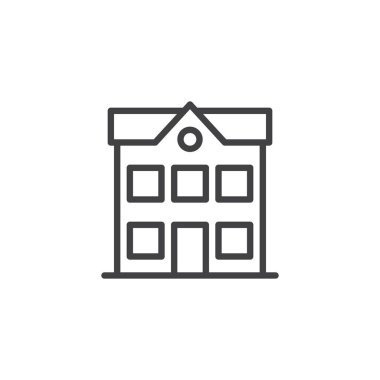 Okul satırı simgesi, Bina anahat vektör işareti, üzerinde beyaz izole doğrusal stil piktogram. İki katlı evin sembolü, logo illüstrasyon. Düzenlenebilir kontur