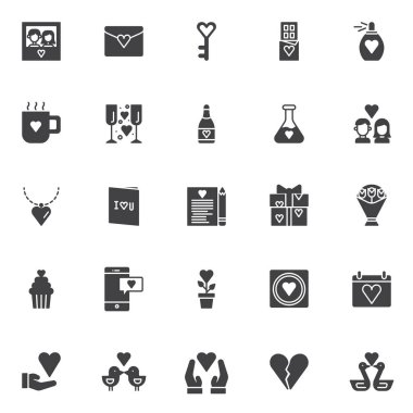 Aşk vektör simgeler kümesi, modern katı simgesi toplama, dolgulu tarz piktogram paketi. İşaretler, logo illüstrasyon. Kaç resim kalp, kalp, aşk mektubu olarak simgeleri içeren çikolata