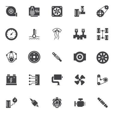 Araba motoru öğeleri vektör simgeler kümesi, modern katı simgesi toplama, dolgulu tarz piktogram paketi. İşaretler, logo illüstrasyon. Radyatör fan, süspansiyon, kemer, simgeler içerir hız göstergesi, darbe emici
