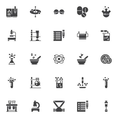 Kimya Bilim vektör simgeler kümesi, modern katı simgesi toplama, dolgulu tarz piktogram paketi. İşaretler logo illüstrasyon. Atom yapısı, optik gözlük, hap ve tabletler yuvarlak olarak simgeler içerir