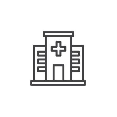 Hastane satırı simgesi, anahat vektör işareti üzerinde beyaz izole doğrusal stil piktogram. Tıbbi bina sembolü, logo illüstrasyon. Düzenlenebilir kontur