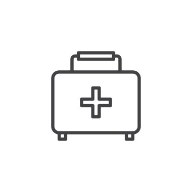 İlk yardım kiti satırı simgesi, anahat vektör işareti üzerinde beyaz izole doğrusal stil piktogram. Tıbbi durum simgesi, logo illüstrasyon. Düzenlenebilir kontur