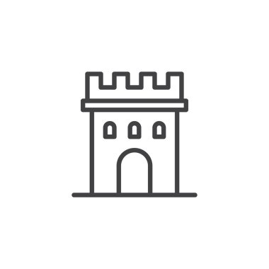 Kale kule satırı simgesi, vektör işareti, anahat üzerinde beyaz izole doğrusal stil piktogram. Simgesel Yapı bina sembolü, logo illüstrasyon. Düzenlenebilir kontur
