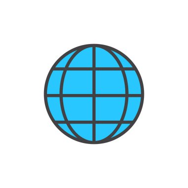 Dünya küre doldurulmuş anahat simgesini, çizgi vektör işareti, üzerinde beyaz izole doğrusal renkli sembol. Küresel gezegen simgesi, logo illüstrasyon. Piksel mükemmel vektör grafikleri