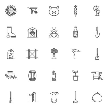 Tarım öğeleri Icons set anahat. Doğrusal stil semboller koleksiyonu, hat paketi imzalar. vektör grafikleri. Ayçiçeği, el arabası, domuz kafası, havuç, ağaç, önyükleme, ahır, arı sütü simgeler içerir