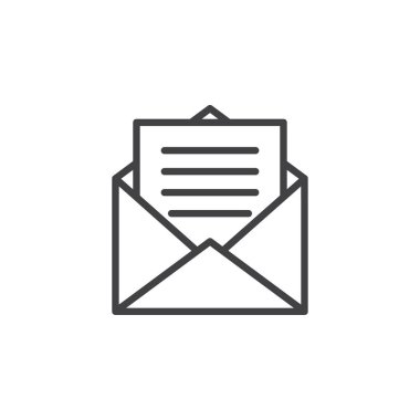 Zarf ile mektubu satırı simgesi, anahat vektör işareti, üzerinde beyaz izole doğrusal stil piktogram. Açık ileti simgesi, logo illüstrasyon. Düzenlenebilir kontur