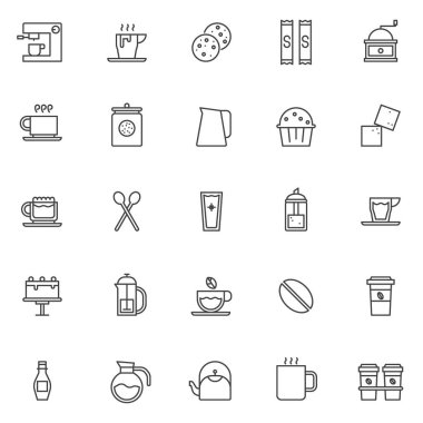 Kahve dükkanı öğeleri Icons set anahat. Doğrusal stil semboller koleksiyonu, hat paketi imzalar. vektör grafikleri. Tatlı kurabiye, kahve makinesi ve kahve Kupası, şeker çanta, latte içmek gibi simgeler kümesi içerir