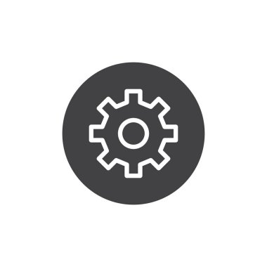 Dairesel düğmesi simge vektör ayar, düz işareti, üzerinde beyaz izole katı piktogram dolu. Dişli, ayarları dairesel sembolü, logo illüstrasyon.