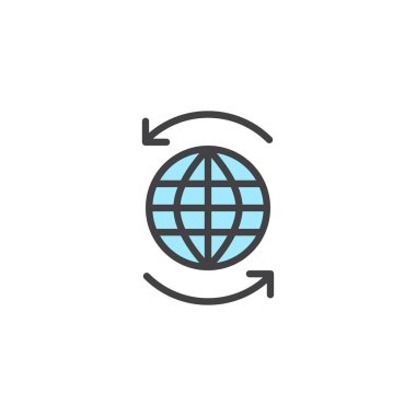 Dünya çapında anahat simgesini, çizgi vektör işareti, üzerinde beyaz izole doğrusal renkli sembol dolu. Oklarla simgesinden, logo illüstrasyon küre. Piksel mükemmel vektör grafikleri