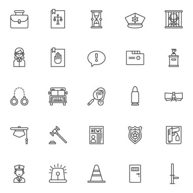 Adalet ve hukuk Icons set anahat. Doğrusal stil semboller koleksiyonu, hat paketi imzalar. vektör grafikleri. Hukuk Kitabı, kum saati, polis şapkası, hapishane, avukat, yemin, deyim, yargıç olarak simgeler içerir