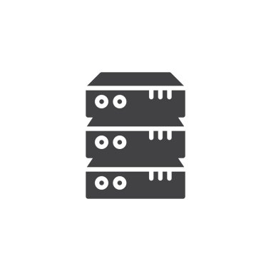 Bilgisayar sunucu simge vektör, düz işareti, üzerinde beyaz izole katı piktogram dolu. Veri Merkezi sembolü, logo illüstrasyon.