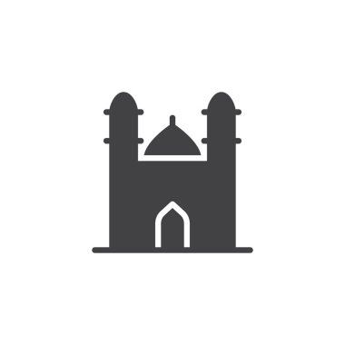 Cami minaresi kuleleri simge vektör ile düz işareti, üzerinde beyaz izole katı piktogram dolu. İslam cami bina sembolü, logo illüstrasyon.