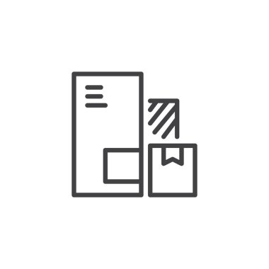 Teslim ambalaj kutuları satır simgesi, anahat vektör işareti, üzerinde beyaz izole doğrusal stil piktogram. Karton kutular sembolü, logo illüstrasyon. Düzenlenebilir kontur