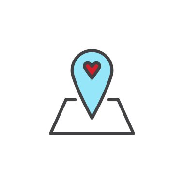 Aşk dolu konum anahat simgesini, çizgi vektör işareti, üzerinde beyaz izole doğrusal renkli sembol. Kalp işaretçi simgesi, logo illüstrasyon. Piksel mükemmel vektör grafikleri