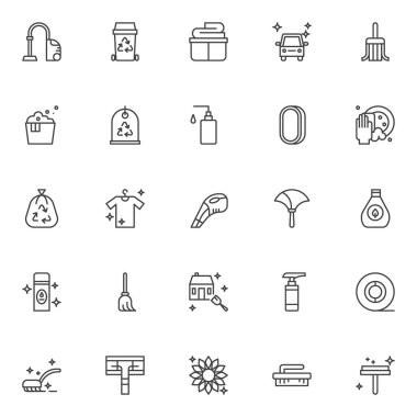 Anahat simgeleri Temizleme ayarlayın. Doğrusal stil semboller koleksiyonu, vektör grafikleri çizgi işaretleri paketi. Elektrikli süpürge, geri dönüşüm, temiz giysi sepeti, temiz araba, temizlik paspas, Çamaşırhane olarak simgeler içerir 