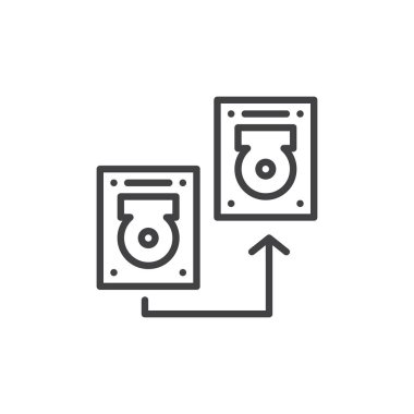 Aktarım sabit disk, yedek satırı simgesi, anahat vektör işareti üzerinde beyaz izole doğrusal stil piktogram. Veri kurtarma sembolü, logo illüstrasyon. Düzenlenebilir kontur