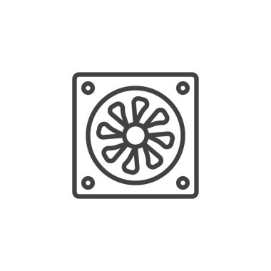 Bilgisayar soğutucu satırı simgesi, anahat vektör işareti üzerinde beyaz izole doğrusal stil piktogram. Soğutma havalandırma fan sembolü, logo illüstrasyon. Düzenlenebilir kontur