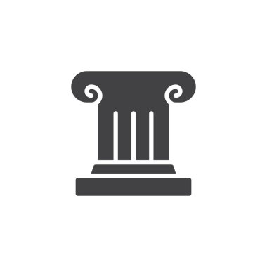 Antik sütun simge vektör, dolu düz işareti, üzerinde beyaz izole katı piktogram. Ayağı, iyonik sütun sembolü, logo illüstrasyon.